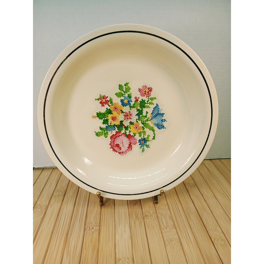 Homer Laughlin Kitchen Kraft OvenServe Floral Cross Stitch Pie Plate Rim 9.5"